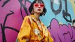 © sirisakboakaew - A fashion portrait of a model in a bold Japanese street style outfit, posed against a vibrant, graffiti-covered wall