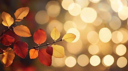 Wall Mural - Branch of Autumn Leaves Illuminated by Warm Golden Hour Light, creating a Bokeh Background of Soft Circles