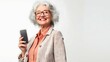 © Yulia - Photo of positive old woman use smartphone follow post repost social media news wear style stylish trendy clothing isolated over white color background