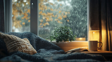 Cozy indoor setting with a window view of a rainy day outside, featuring a warm blanket and a hot drink