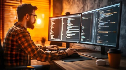 Focused programmer working on dual monitors in a cozy workspace.
