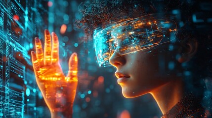 Wall Mural - A woman in VR glasses, hand aglow, interacts with a futuristic digital interface.