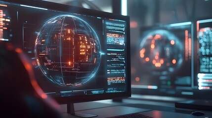 Futuristic computer interface displaying glowing globe and data analysis.