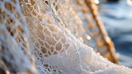 Wall Mural - Detailed view of fishing net glistening with water droplets under sunlight at a coastal location during the late afternoon