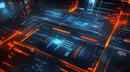 Futuristic digital interface with glowing lines and patterns on a dark background.