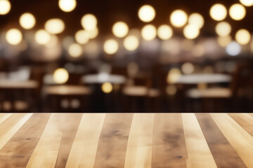 Wooden tabletop with blurred background of a restaurant with warm lights.