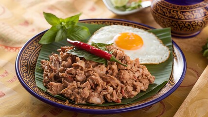 Thai stir-fried meat with fried egg and basil on a plate.