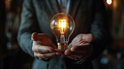 Wall Mural - A businessman showcases a lightbulb symbolizing creative ideas and technological innovation, highlighting strategic business leadership.