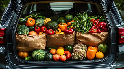 Wall Mural - A car trunk is full of vegetables and fruits