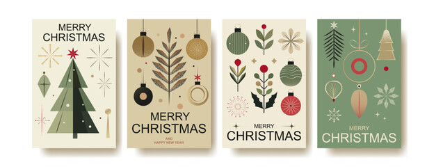 modern vintage christmas card set – elegant vector illustrations with ornaments, festive typography,