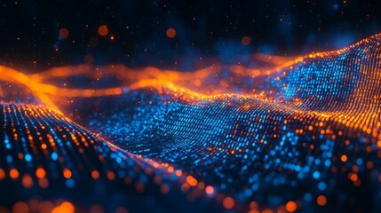 Blue and orange background with computer code, software development concept