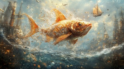 Poster - Golden Fish Leaps Over Steampunk Cityscape