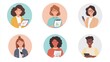 © Who is Santi - a set of illustrated avatars in circular frames showcasing diverse social media marketers. One marketer wears business casual holding a graph, another has short wavy hair