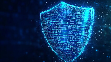 digital blue shield with binary number cyber security digital internet defense