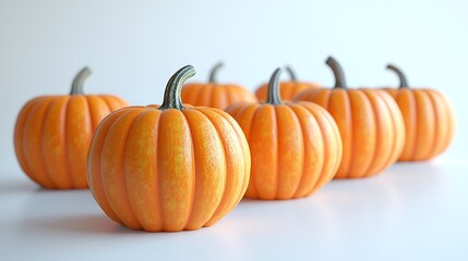 Wall Mural - Orange pumpkins line up in a neat row against a white background, celebrating autumn.
