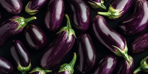 Wall Mural - A vibrant arrangement of fresh aubergines showcasing rich purple hues and smooth textures. Perfect for culinary themes, food photography and healthy recipes. Bright and appealing. AI