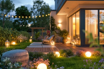 Summer evening on the patio of beautiful suburban house with lights in the garden garden