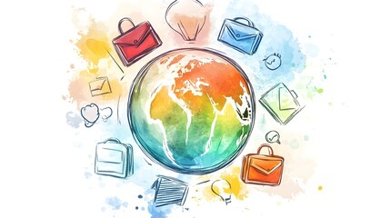 Watercolor Globe with Briefcase Icons Symbolizing International Business Ventures and Success