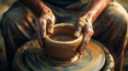 Close up hands of potter making ceramic pot on the pottery wheel