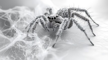 A black and white spider hangs in its intricate web, captured in macro detail.