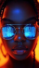 Wall Mural - cybersecurity tech, african american woman analyzing holographic data code, virtual reality, ai
