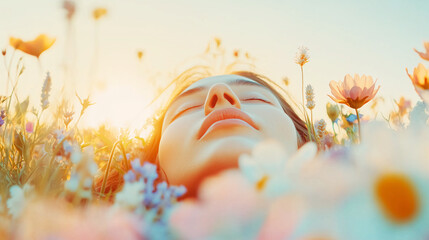 A woman's face with closed eyes surrounded by colorful flowers in a field, with the sun shining in the background