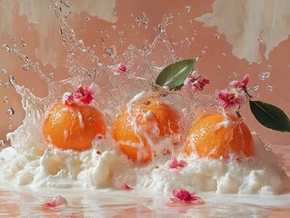 Wall Mural - Water Splashing Oranges with Flowers