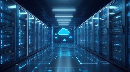 A computing concept highlighting technology infrastructure, including cloud computing and communication systems within a data center setting.