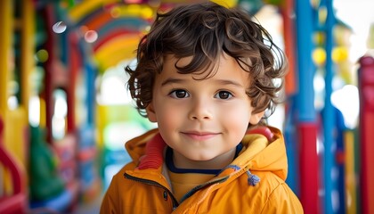 Joyful moments of a little boy exploring a vibrant playground filled with colorful structures and playful activities