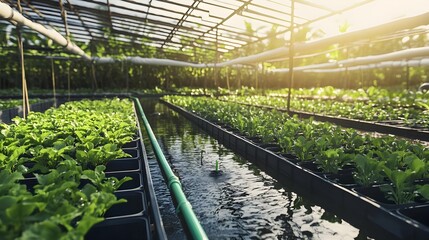 Lush green plants growing in a greenhouse with vibrant sunlight streaming in.