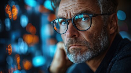 A confused businessman contemplates decisions with multiple routes ahead, set against a backdrop of futuristic technology.