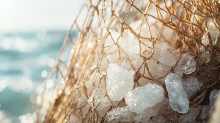 Close-up of a fishing net with ice along the shore at sunrise, capturing the tranquility of a coastal morning in summer