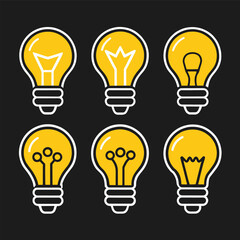 Six stylized yellow lightbulbs with white outlines are depicted against a black background, symbolizing ideas or inspiration