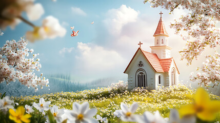 Traditional Easter background with a peaceful church setting, adorned with spring flowers