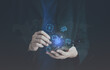 © Barriography - Businessman use mobile with artificial intelligence, ai technology, internet of thing, wireless connection, icon symbol interface. Concept of global futuristic communicaton in digital cyberspace.