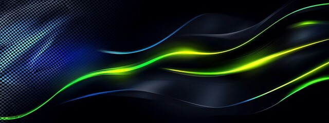 Abstract digital art with green and blue glowing lines on a black background.