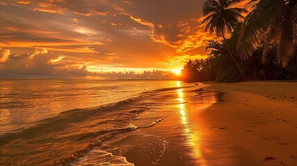 A breathtakingly beautiful sunset seaside scenery. The sky is ablaze with warm hues of orange, pink, and purple as the sun dips below the horizon. The waves gently lap at the shore, creating a soothin