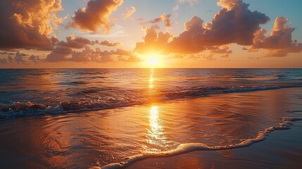 A breathtakingly beautiful sunset seaside scenery. The sky is ablaze with warm hues of orange, pink, and purple as the sun dips below the horizon. The waves gently lap at the shore, creating a soothin