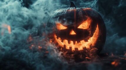 Halloween pumpkin with a grinning face glowing in the dark, surrounded by smoke, against a Halloween night background,