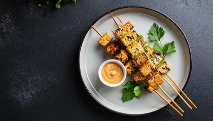 Grilled tofu skewers served with peanut dipping sauce and fresh herbs, vegetarian appetizer healthy lifestyle