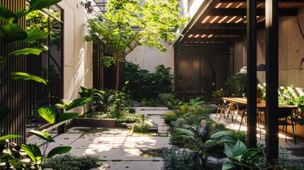 A lush courtyard garden with green plants and trees, bathed in natural light and shadowed by modern architecture, creating a serene retreat.