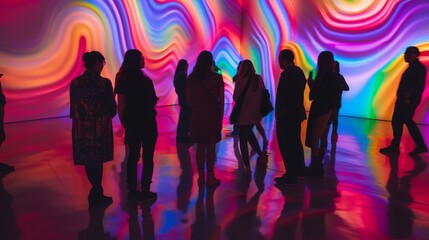 A group of people stands under a mesmerizing, multicolored light display, casting vivid reflections on the shiny floor.