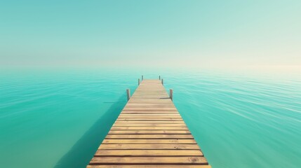 Serene wooden pier stretches into calm turquoise sea under a clear sky, perfect for relaxation or travel concept.