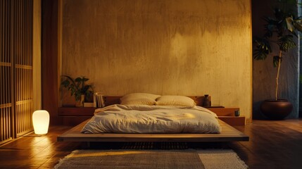 Wall Mural - A tranquil bedroom with warm, ambient lighting, featuring a low wooden platform bed adorned with cozy white linens, surrounded by minimalistic decor and indoor plants.