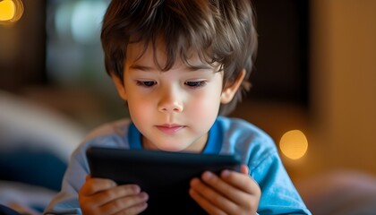 Wall Mural - Engaged Young Boy Immersed in Tablet Experience