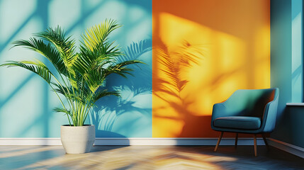 Wall Mural - Decorative living room interior concept modern home style blue and orange wall background concretevase of plant furniture garden view parquet floor : Generative AI