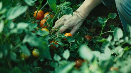 Sticker - A hand gently picks ripe tomatoes amidst lush green foliage in a vibrant vegetable garden.