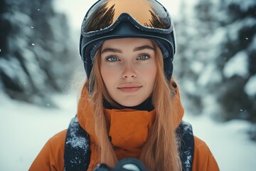 Wall Mural - Woman with long brown hair is wearing a black helmet and goggles. She is holding a snowboard and smiling. woman tourist in helmet looking into camera with snowboard in hands