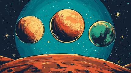 Wall Mural - Mars earth and moon, planets of the solar system. Pop art retro vector illustration comic cartoon vintage kitsch drawing
