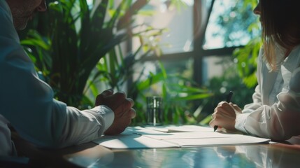 Two individuals, partially shaded by foliage, engage in a thoughtful discussion at a sunlit table.